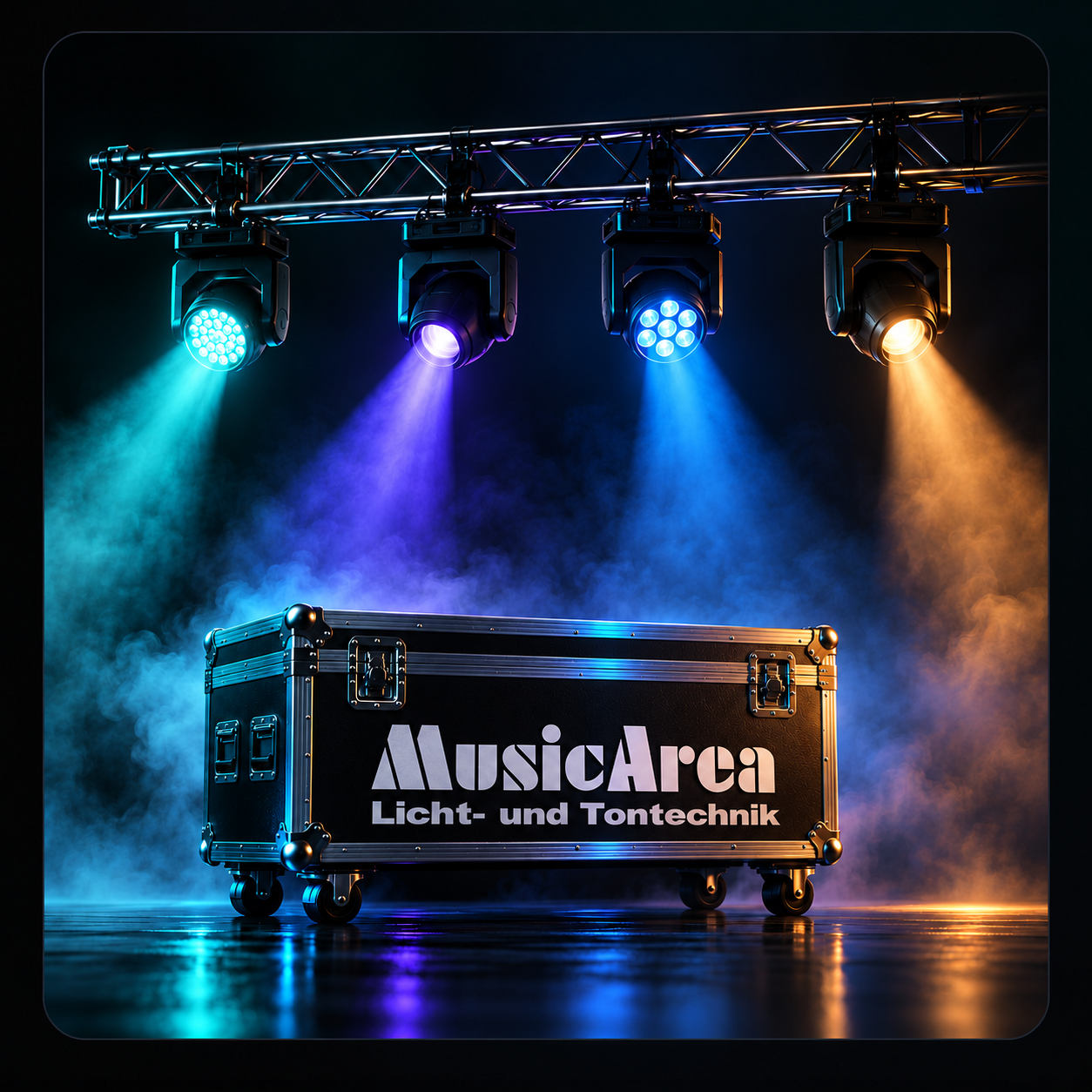 KI-generierte MusicArea Visualisierung mit Traverse, Moving Heads und Flightcase
