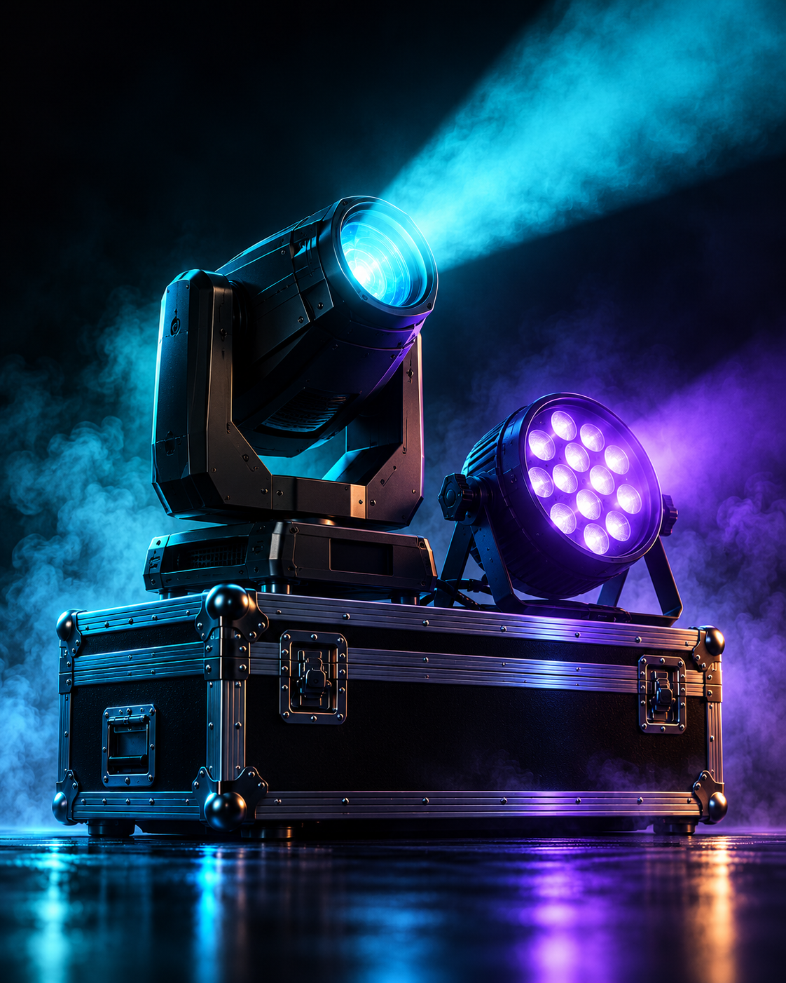 KI-generierte Visualisierung von Lichttechnik mit Moving Head und LED-Scheinwerfer