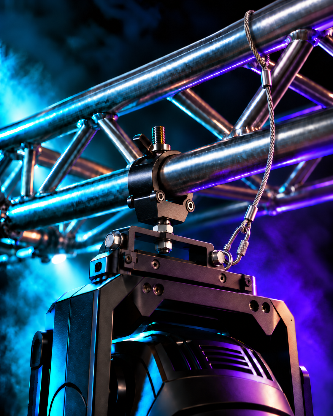 KI-generierte Detailvisualisierung eines Moving Heads an einer Traverse mit Half-Coupler